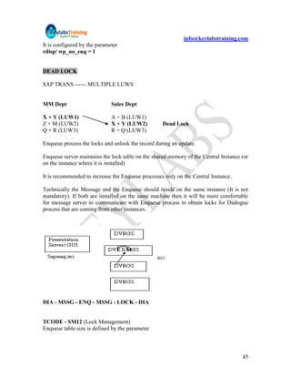 info@keylabstraining.com
It is configured by the parameter
rdisp/ wp_no_enq = 1


DEAD LOCK

SAP TRANS ------ MULTIPLE LUWS


MM Dept                       Sales Dept

X + Y (LUW1)                  A + B (LUW1)
Z + M (LUW2)                  X + Y (LUW2)         Dead Lock
Q + R (LUW3)                  R + Q (LUW3)

Enqueue process the locks and unlock the record during an update.

Enqueue server maintains the lock table on the shared memory of the Central Instance (or
on the instance where it is installed)

It is recommended to increase the Enqueue processes only on the Central Instance.

Technically the Message and the Enqueue should reside on the same instance (It is not
mandatory). If both are installed on the same machine then it will be more comfortable
for message server to communicate with Enqueue process to obtain locks for Dialogue
process that are coming from other instances.




                                                 RFC




DIA - MSSG - ENQ - MSSG - LOCK - DIA


TCODE - SM12 (Lock Management)
Enqueue table size is defined by the parameter



                                                                                     45
 