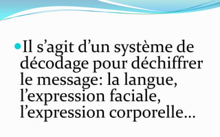 Il s’agit d’un système de décodage pour déchiffrer le message: la langue, l’expression faciale, l’expression corporelle…