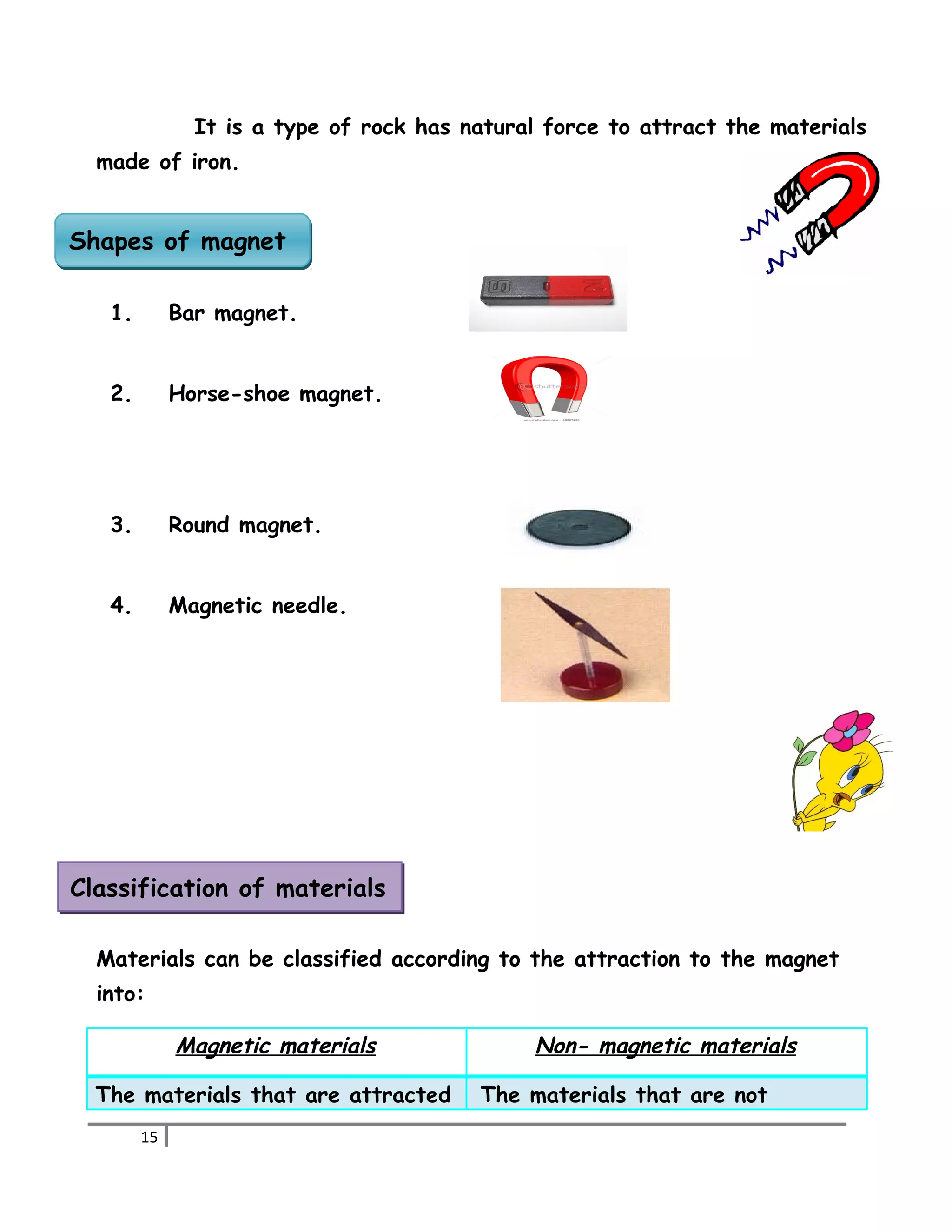 It is a type of rock has natural force to attract the materials 
made of iron. 
SShhaappeess ooff mmaaggnneett 
1. Bar magnet. 
2. Horse-shoe magnet. 
3. Round magnet. 
4. Magnetic needle. 
Classification of materials 
Materials can be classified according to the attraction to the magnet 
into: 
Magnetic materials Non- magnetic materials 
The materials that are attracted The materials that are not 
15 
 