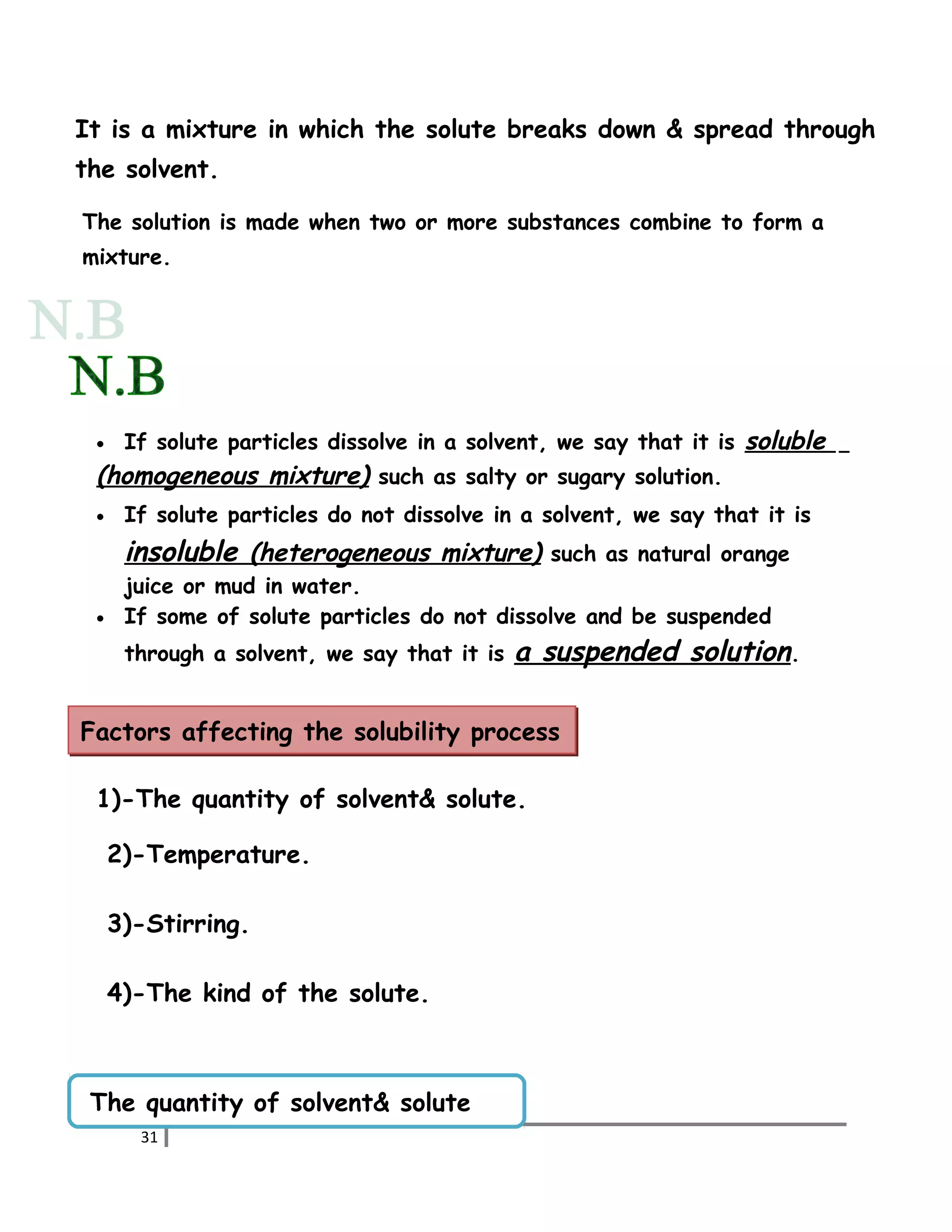 It is a mixture in which the solute breaks down & spread through 
the solvent. 
The solution is made when two or more substances combine to form a 
mixture. 
· If solute particles dissolve in a solvent, we say that it is soluble 
(homogeneous mixture) such as salty or sugary solution. 
· If solute particles do not dissolve in a solvent, we say that it is 
i nsoluble (heterogeneous mixture ) such as natural orange 
juice or mud in water. 
· If some of solute particles do not dissolve and be suspended 
through a solvent, we say that it is a suspended solution. 
Factors affecting the solubility process 
1)-The quantity of solvent& solute. 
2)-Temperature. 
3)-Stirring. 
4)-The kind of the solute. 
The quantity of solvent& solute 
31 
 
