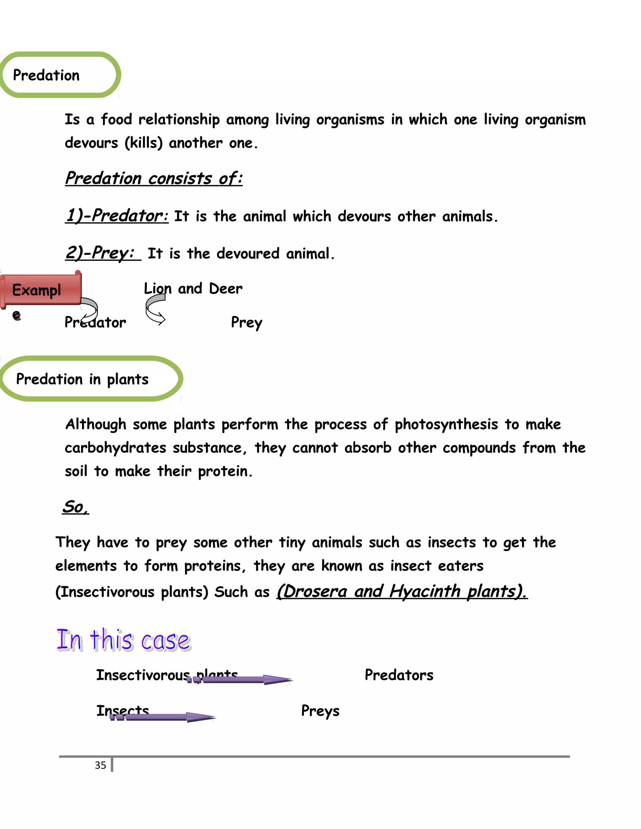 Is a food relationship among living organisms in which one living organism 
devours (kills) another one. 
Predation consists of: 
1)-Predator : It is the animal which devours other animals. 
2)-Prey: It is the devoured animal. 
Lion and Deer 
Predator Prey 
Although some plants perform the process of photosynthesis to make 
carbohydrates substance, they cannot absorb other compounds from the 
soil to make their protein. 
So, 
They have to prey some other tiny animals such as insects to get the 
elements to form proteins, they are known as insect eaters 
(Insectivorous plants) Such as (Drosera and Hyacinth plants). 
Insectivorous plants Predators 
Insects Preys 
35 
Predation 
Exampl 
e 
Predation in plants 
 
