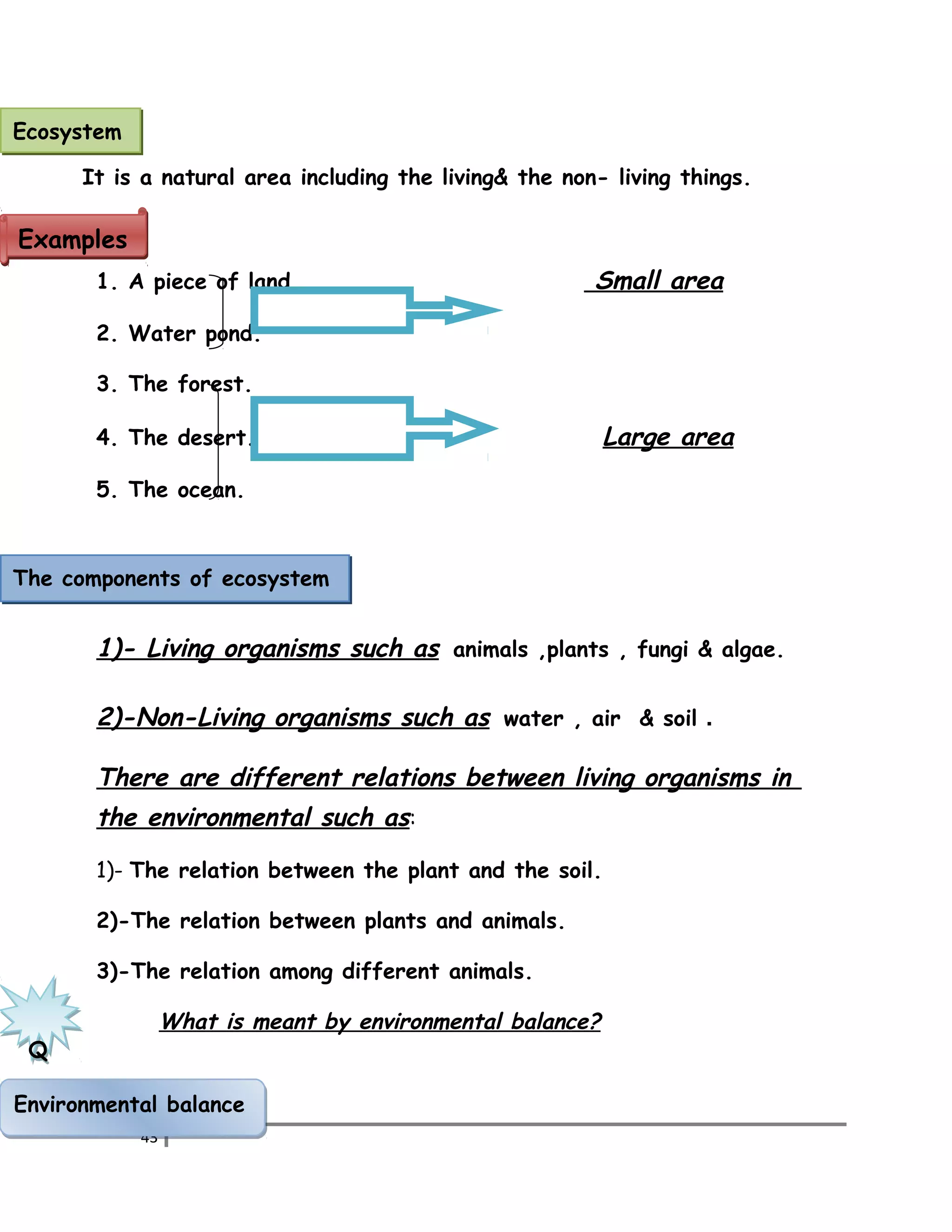 It is a natural area including the living& the non- living things. 
1. A piece of land Small area 
2. Water pond. 
3. The forest. 
4. The desert. Large area 
5. The ocean. 
1)- Living organisms such as animals ,plants , fungi & algae. 
2)-Non-Living organisms such as water , air & soil . 
There are different relations between living organisms in 
the environmental such as: 
1)- The relation between the plant and the soil. 
2)-The relation between plants and animals. 
3)-The relation among different animals. 
What is meant by environmental balance? 
43 
Ecosystem 
EExxaammpplleess 
The components of ecosystem 
Q 
EEnnvviirroonnmmeennttaall bbaallaannccee 
 