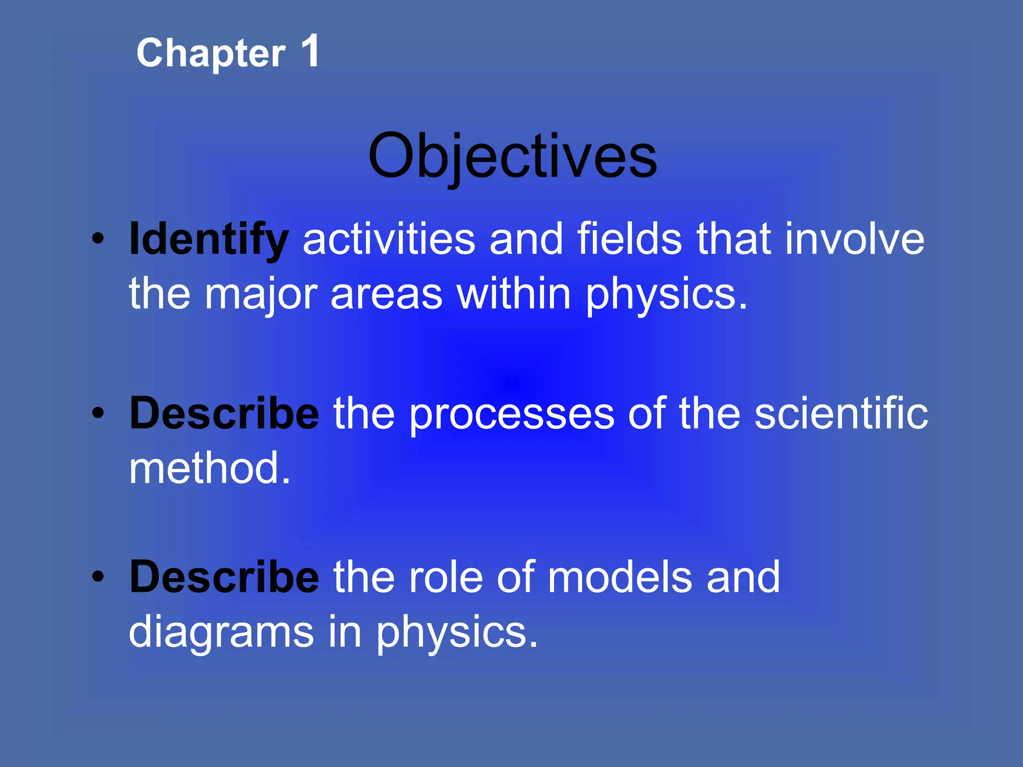 Chapter 1
Objectives
• Identify activities and fields that involve
the major areas within physics.
• Describe the processes of the scientific
method.
• Describe the role of models and
diagrams in physics.
 