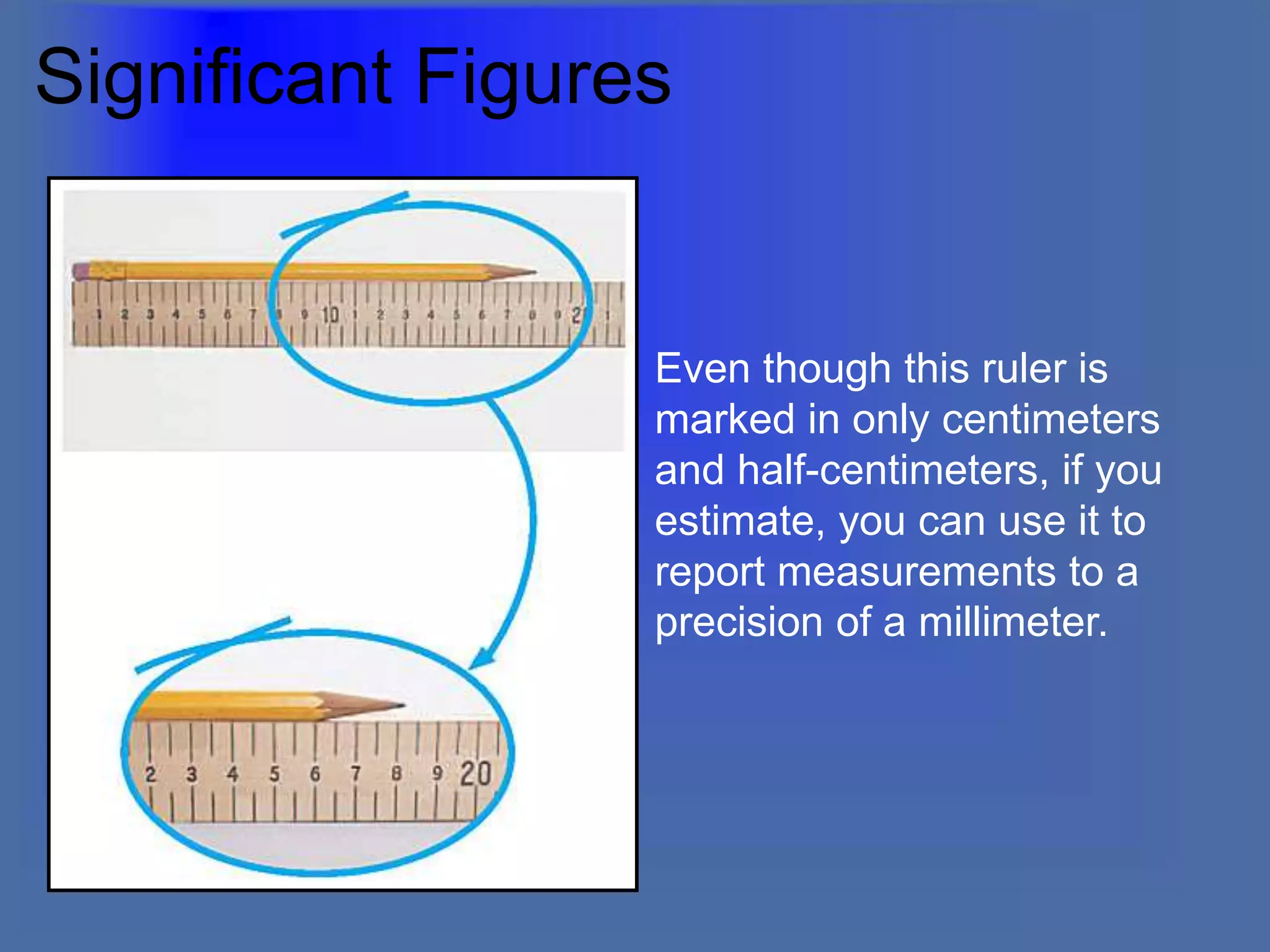 Significant Figures
Even though this ruler is
marked in only centimeters
and half-centimeters, if you
estimate, you can use it to
report measurements to a
precision of a millimeter.
 