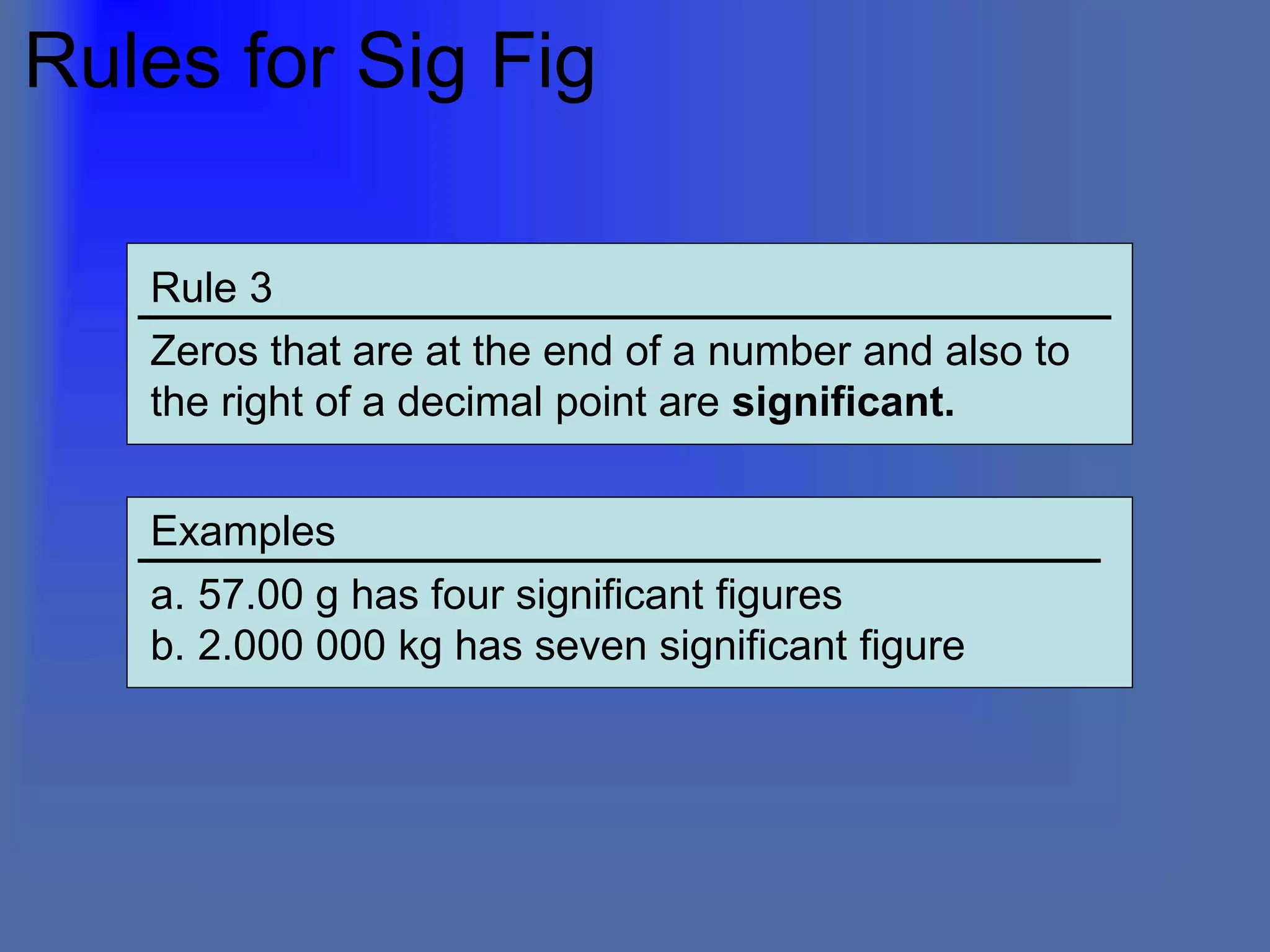 Rules for Sig Fig
Rule 3
Zeros that are at the end of a number and also to
the right of a decimal point are significant.
Examples
a. 57.00 g has four significant figures
b. 2.000 000 kg has seven significant figure
 