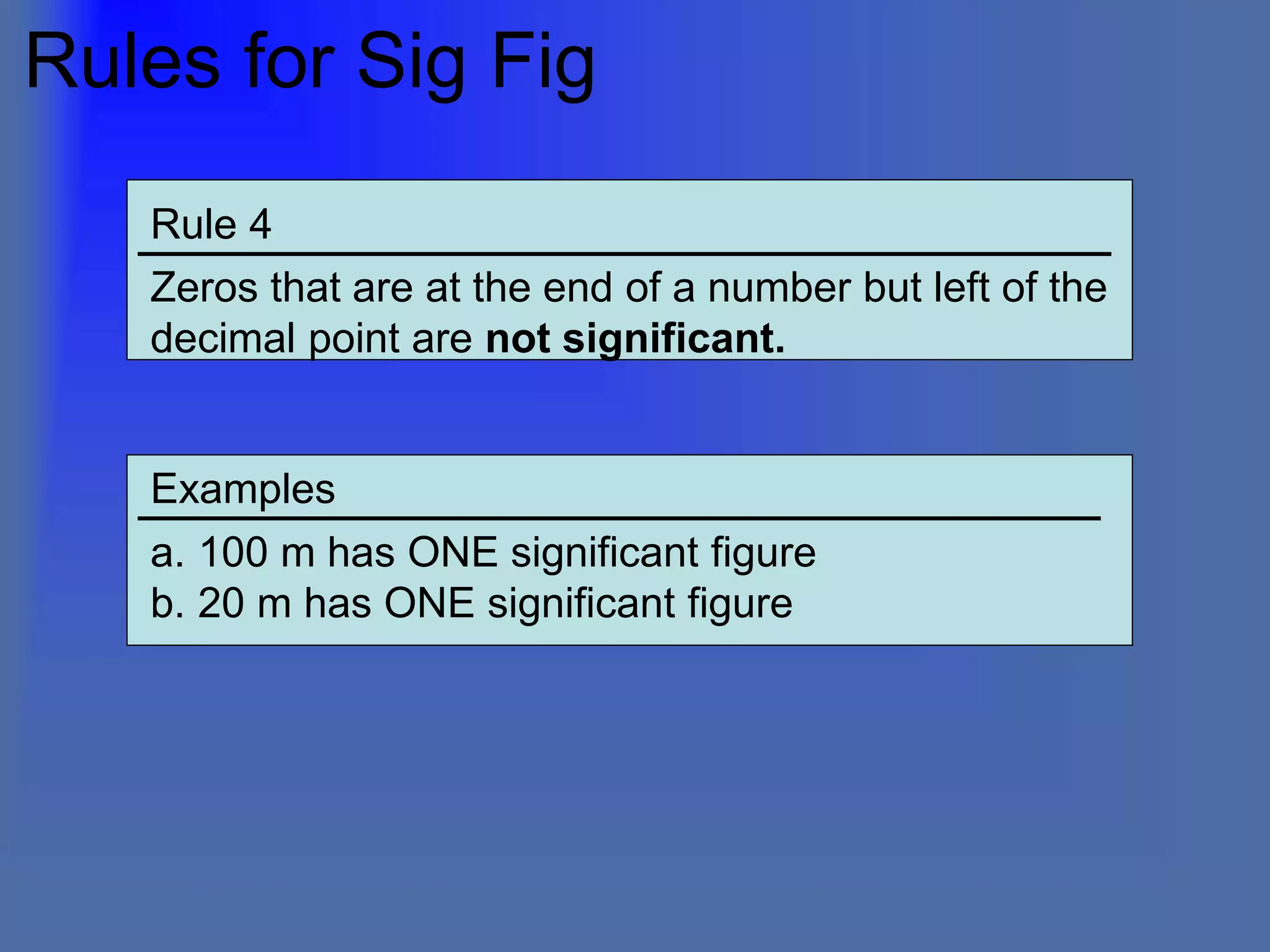 Rules for Sig Fig
Rule 4
Zeros that are at the end of a number but left of the
decimal point are not significant.
Examples
a. 100 m has ONE significant figure
b. 20 m has ONE significant figure
 