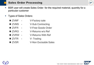 Sales Order Processing
 BSR user will create Sales Order for the required material, quantity for a
particular customer
 Types of Sales Orders:
 ZVMF - V-Factory sale
 ZVMS - V-Sub Contracting
 ZVFR - V-Free Goods Order
 ZVRO - V-Returns w/o Ref
 ZVRW - V-Returns With Ref
 ZVTR - V- Trading
 ZVSR V-Non Excisable Sales
 