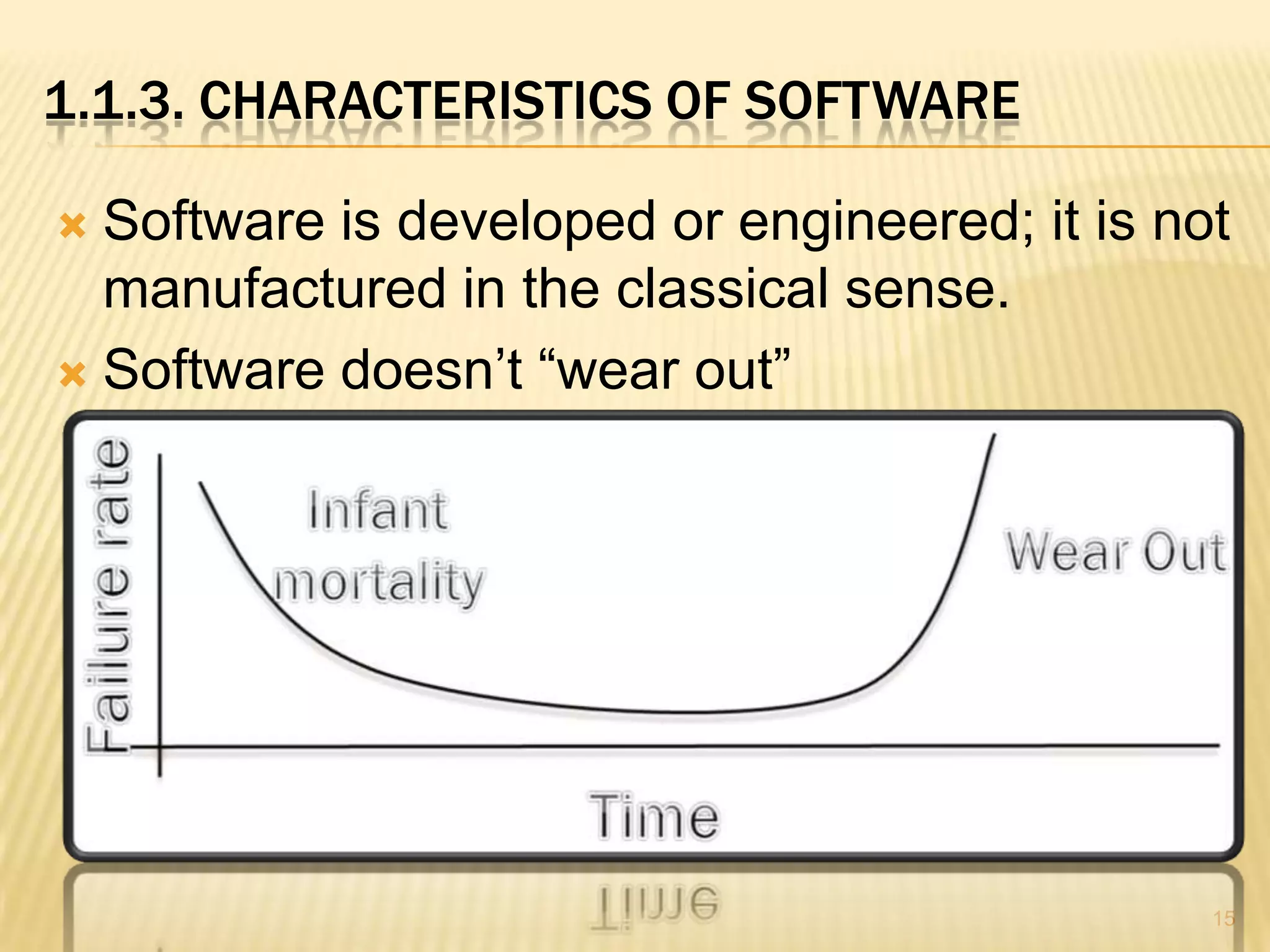 1.1.3. CHARACTERISTICS OF SOFTWARE

 Software is developed or engineered; it is not
  manufactured in the classical sense.
 Software doesn’t “wear out”




                                               15
 