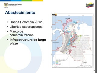 Abastecimiento

• Ronda Colombia 2012
• Libertad exportaciones
• Marco de
  comercialización
• Infraestructura de largo
  plazo




                             17
 