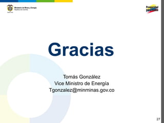 Gracias
      Tomás González
  Vice Ministro de Energía
Tgonzalez@minminas.gov.co




                              27
 