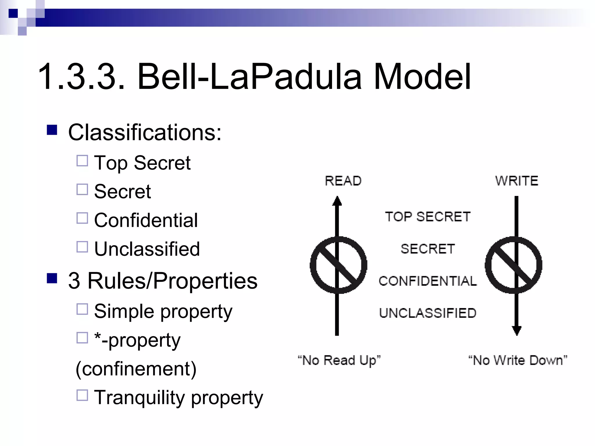 1.3.3. Bell-LaPadula Model
   Classifications:
     Top Secret
     Secret
     Confidential
     Unclassified

   3 Rules/Properties
     Simple property
     *-property

    (confinement)
     Tranquility property
 