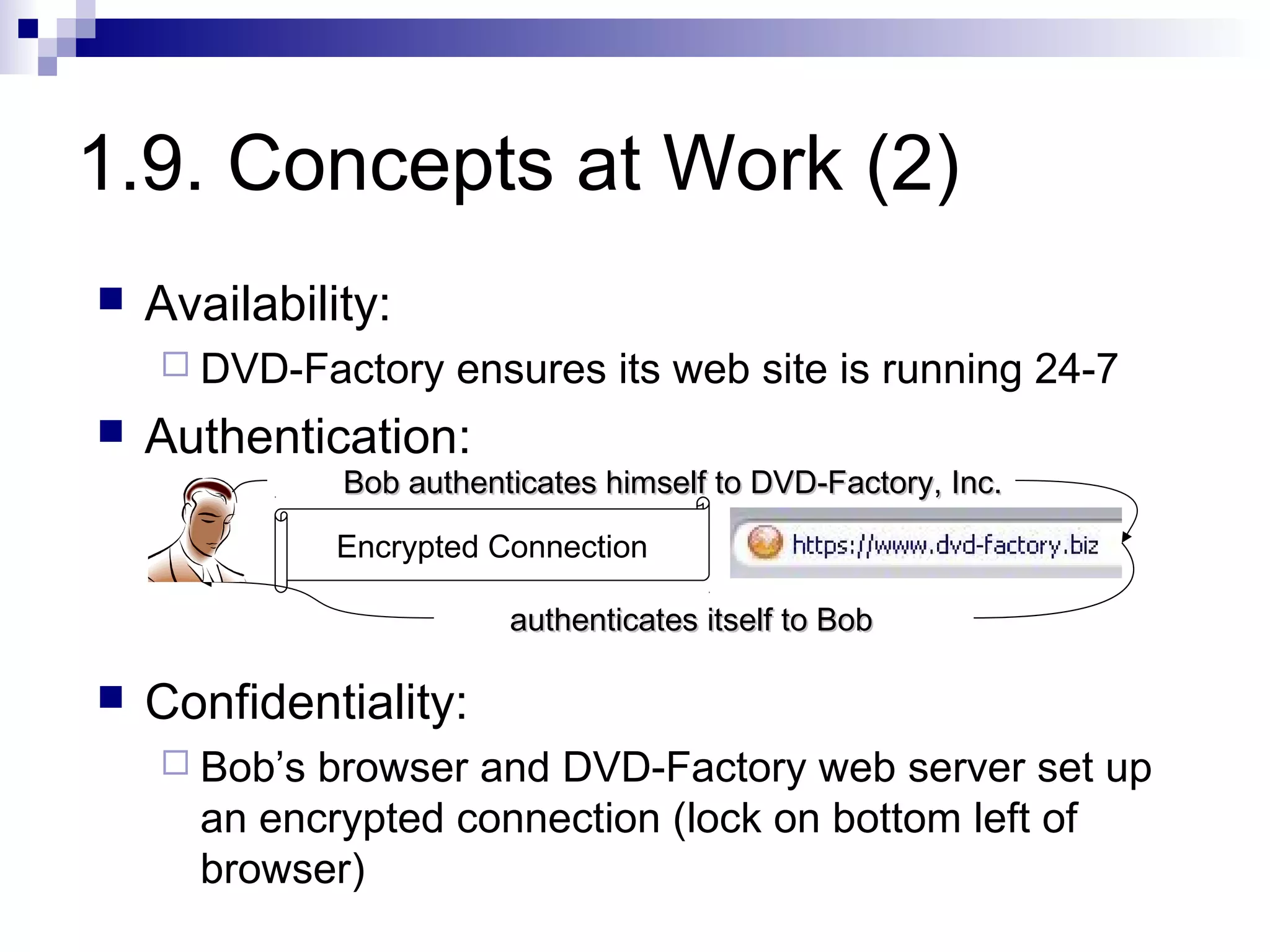 1.9. Concepts at Work (2)
   Availability:
     DVD-Factory    ensures its web site is running 24-7
   Authentication:
              Bob authenticates himself to DVD-Factory, Inc.

              Encrypted Connection

                         authenticates itself to Bob

   Confidentiality:
     Bob’s browser and DVD-Factory web server set up
      an encrypted connection (lock on bottom left of
      browser)
 