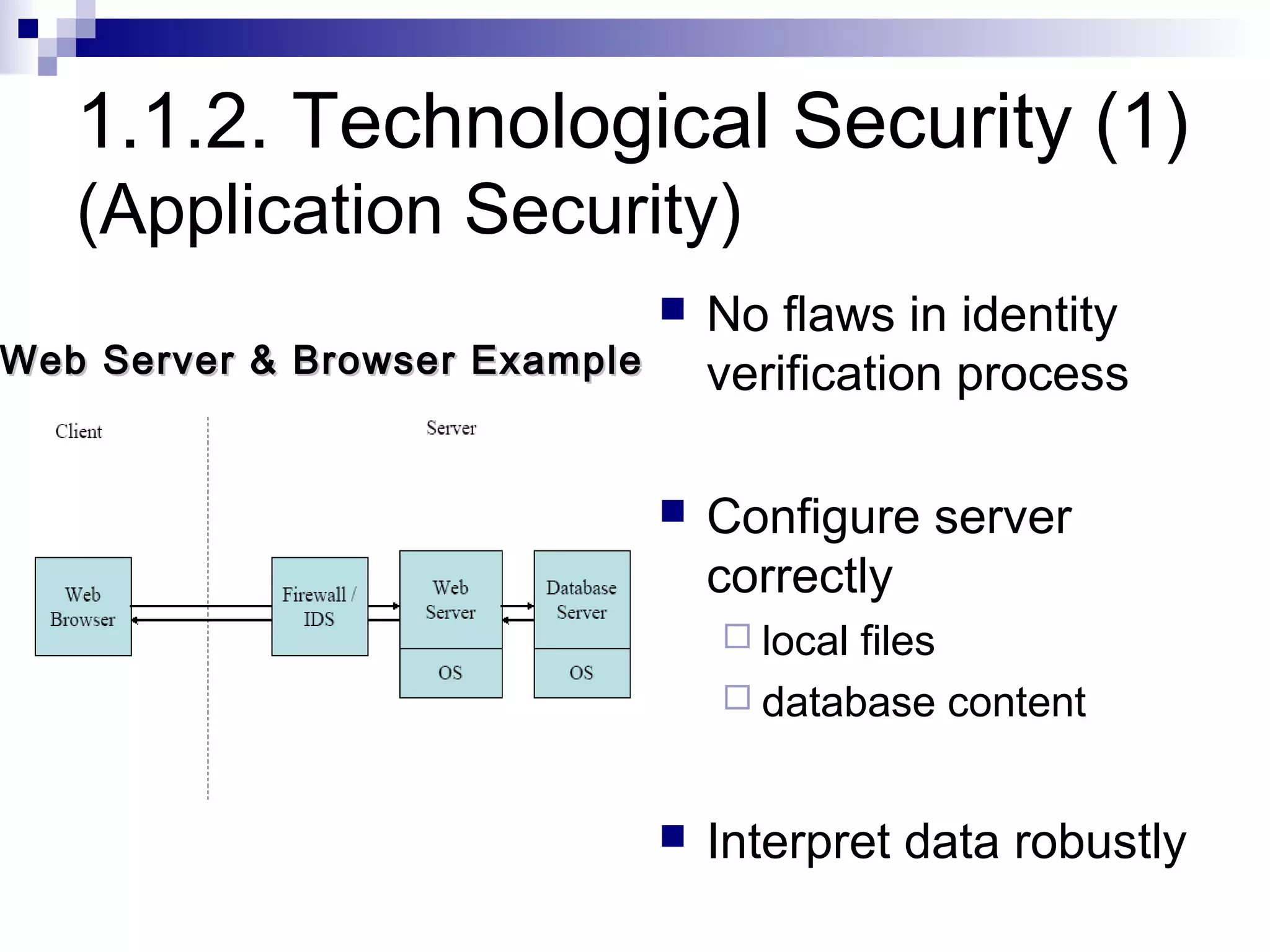 1.1.2. Technological Security (1)
   (Application Security)
                                  No flaws in identity
Web Server & Browser Example       verification process

                                  Configure server
                                   correctly
                                    localfiles
                                    database content



                                  Interpret data robustly
 