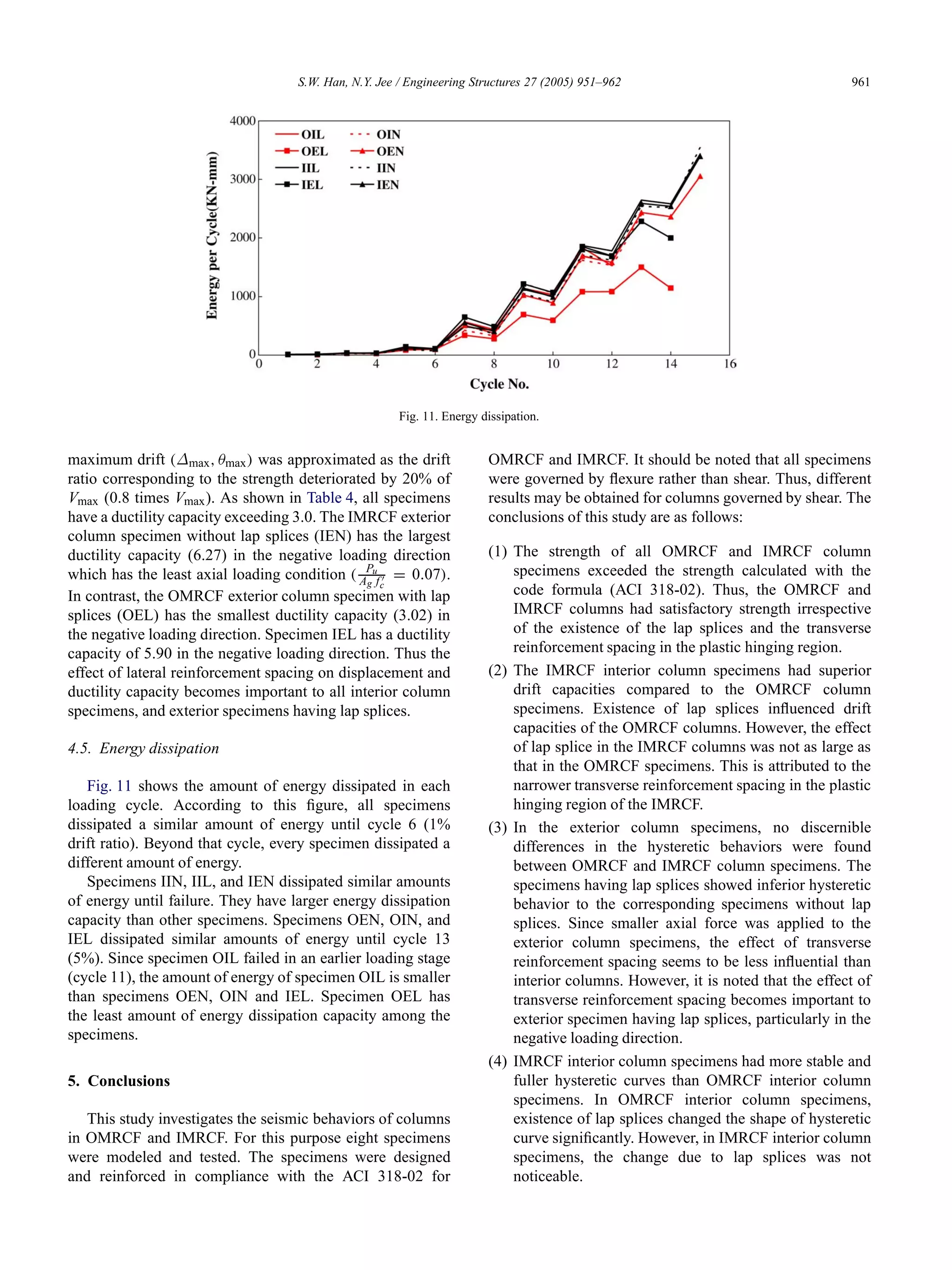 S.W. Han, N.Y. Jee / Engineering Structures 27 (2005) 951–962 961
Fig. 11. Energy dissipation.
maximum drift (∆max, θmax) was approximated as the drift
ratio corresponding to the strength deteriorated by 20% of
Vmax (0.8 times Vmax). As shown in Table 4, all specimens
have a ductility capacity exceeding 3.0. The IMRCF exterior
column specimen without lap splices (IEN) has the largest
ductility capacity (6.27) in the negative loading direction
which has the least axial loading condition ( Pu
Ag fc
= 0.07).
In contrast, the OMRCF exterior column specimen with lap
splices (OEL) has the smallest ductility capacity (3.02) in
the negative loading direction. Specimen IEL has a ductility
capacity of 5.90 in the negative loading direction. Thus the
effect of lateral reinforcement spacing on displacement and
ductility capacity becomes important to all interior column
specimens, and exterior specimens having lap splices.
4.5. Energy dissipation
Fig. 11 shows the amount of energy dissipated in each
loading cycle. According to this ﬁgure, all specimens
dissipated a similar amount of energy until cycle 6 (1%
drift ratio). Beyond that cycle, every specimen dissipated a
different amount of energy.
Specimens IIN, IIL, and IEN dissipated similar amounts
of energy until failure. They have larger energy dissipation
capacity than other specimens. Specimens OEN, OIN, and
IEL dissipated similar amounts of energy until cycle 13
(5%). Since specimen OIL failed in an earlier loading stage
(cycle 11), the amount of energy of specimen OIL is smaller
than specimens OEN, OIN and IEL. Specimen OEL has
the least amount of energy dissipation capacity among the
specimens.
5. Conclusions
This study investigates the seismic behaviors of columns
in OMRCF and IMRCF. For this purpose eight specimens
were modeled and tested. The specimens were designed
and reinforced in compliance with the ACI 318-02 for
OMRCF and IMRCF. It should be noted that all specimens
were governed by ﬂexure rather than shear. Thus, different
results may be obtained for columns governed by shear. The
conclusions of this study are as follows:
(1) The strength of all OMRCF and IMRCF column
specimens exceeded the strength calculated with the
code formula (ACI 318-02). Thus, the OMRCF and
IMRCF columns had satisfactory strength irrespective
of the existence of the lap splices and the transverse
reinforcement spacing in the plastic hinging region.
(2) The IMRCF interior column specimens had superior
drift capacities compared to the OMRCF column
specimens. Existence of lap splices inﬂuenced drift
capacities of the OMRCF columns. However, the effect
of lap splice in the IMRCF columns was not as large as
that in the OMRCF specimens. This is attributed to the
narrower transverse reinforcement spacing in the plastic
hinging region of the IMRCF.
(3) In the exterior column specimens, no discernible
differences in the hysteretic behaviors were found
between OMRCF and IMRCF column specimens. The
specimens having lap splices showed inferior hysteretic
behavior to the corresponding specimens without lap
splices. Since smaller axial force was applied to the
exterior column specimens, the effect of transverse
reinforcement spacing seems to be less inﬂuential than
interior columns. However, it is noted that the effect of
transverse reinforcement spacing becomes important to
exterior specimen having lap splices, particularly in the
negative loading direction.
(4) IMRCF interior column specimens had more stable and
fuller hysteretic curves than OMRCF interior column
specimens. In OMRCF interior column specimens,
existence of lap splices changed the shape of hysteretic
curve signiﬁcantly. However, in IMRCF interior column
specimens, the change due to lap splices was not
noticeable.
 