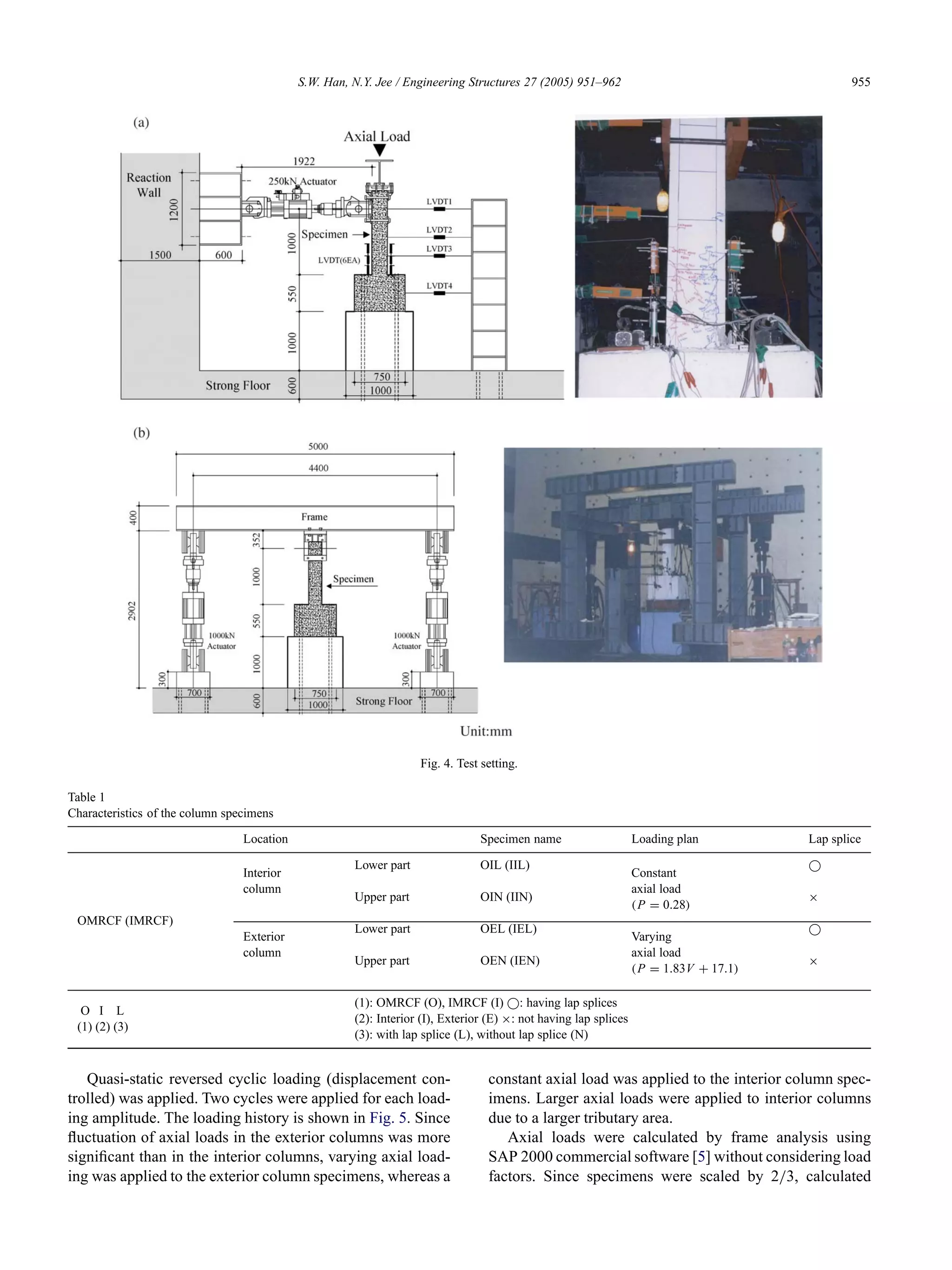 S.W. Han, N.Y. Jee / Engineering Structures 27 (2005) 951–962 955
Fig. 4. Test setting.
Table 1
Characteristics of the column specimens
Location Specimen name Loading plan Lap splice
OMRCF (IMRCF)
Interior
Lower part OIL (IIL)
Constant
column axial load
Upper part OIN (IIN)
(P = 0.28)
×
Exterior
Lower part OEL (IEL)
Varying
column axial load
Upper part OEN (IEN)
(P = 1.83V + 17.1)
×
O I L
(1): OMRCF (O), IMRCF (I) : having lap splices
(1) (2) (3)
(2): Interior (I), Exterior (E) ×: not having lap splices
(3): with lap splice (L), without lap splice (N)
Quasi-static reversed cyclic loading (displacement con-
trolled) was applied. Two cycles were applied for each load-
ing amplitude. The loading history is shown in Fig. 5. Since
ﬂuctuation of axial loads in the exterior columns was more
signiﬁcant than in the interior columns, varying axial load-
ing was applied to the exterior column specimens, whereas a
constant axial load was applied to the interior column spec-
imens. Larger axial loads were applied to interior columns
due to a larger tributary area.
Axial loads were calculated by frame analysis using
SAP 2000 commercial software [5] without considering load
factors. Since specimens were scaled by 2/3, calculated
 