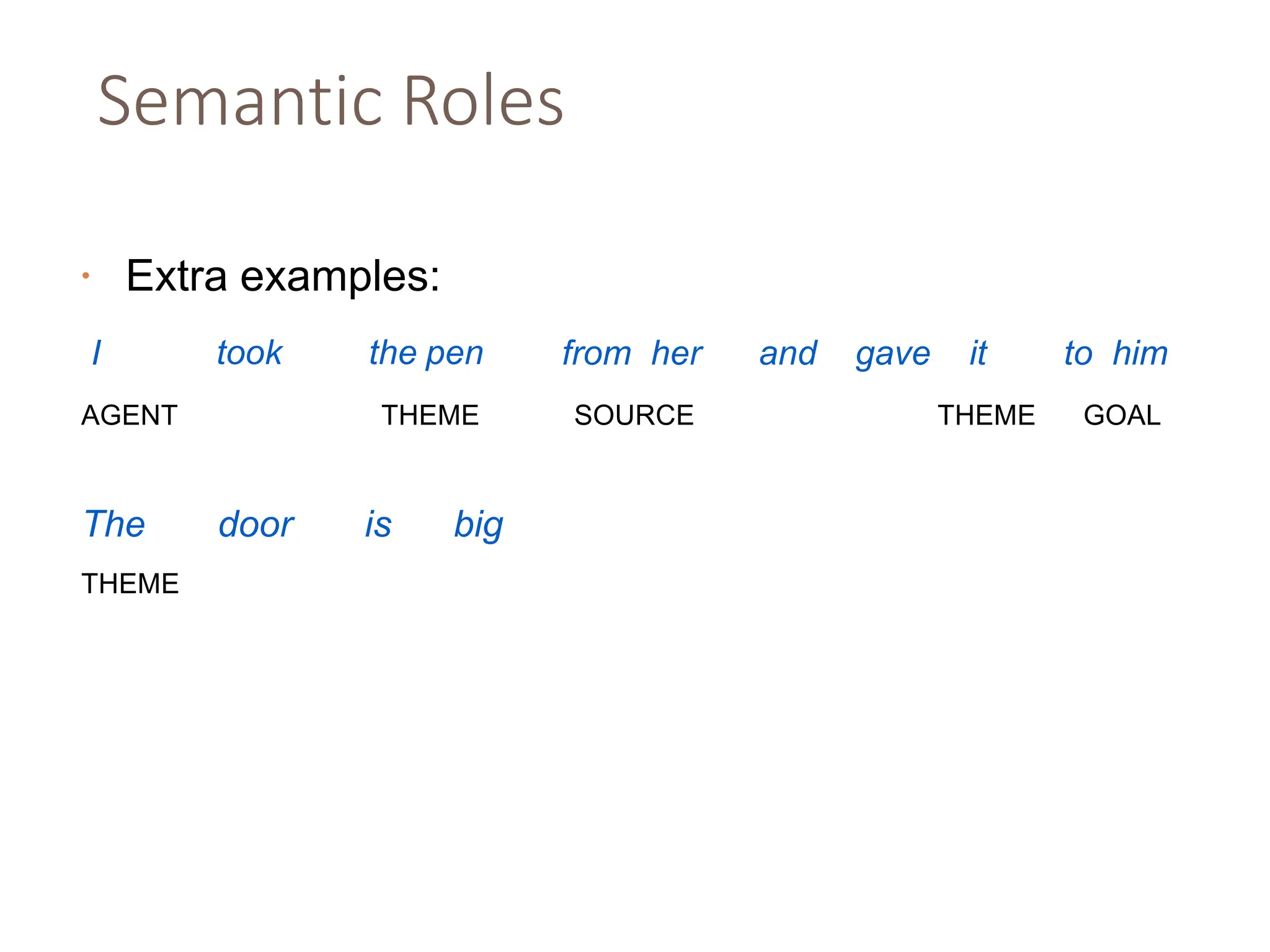 Semantic Roles
• Extra examples:
took the pen
I from her and gave it to him
AGENT THEME SOURCE THEME GOAL
The
THEME
door is big
 
