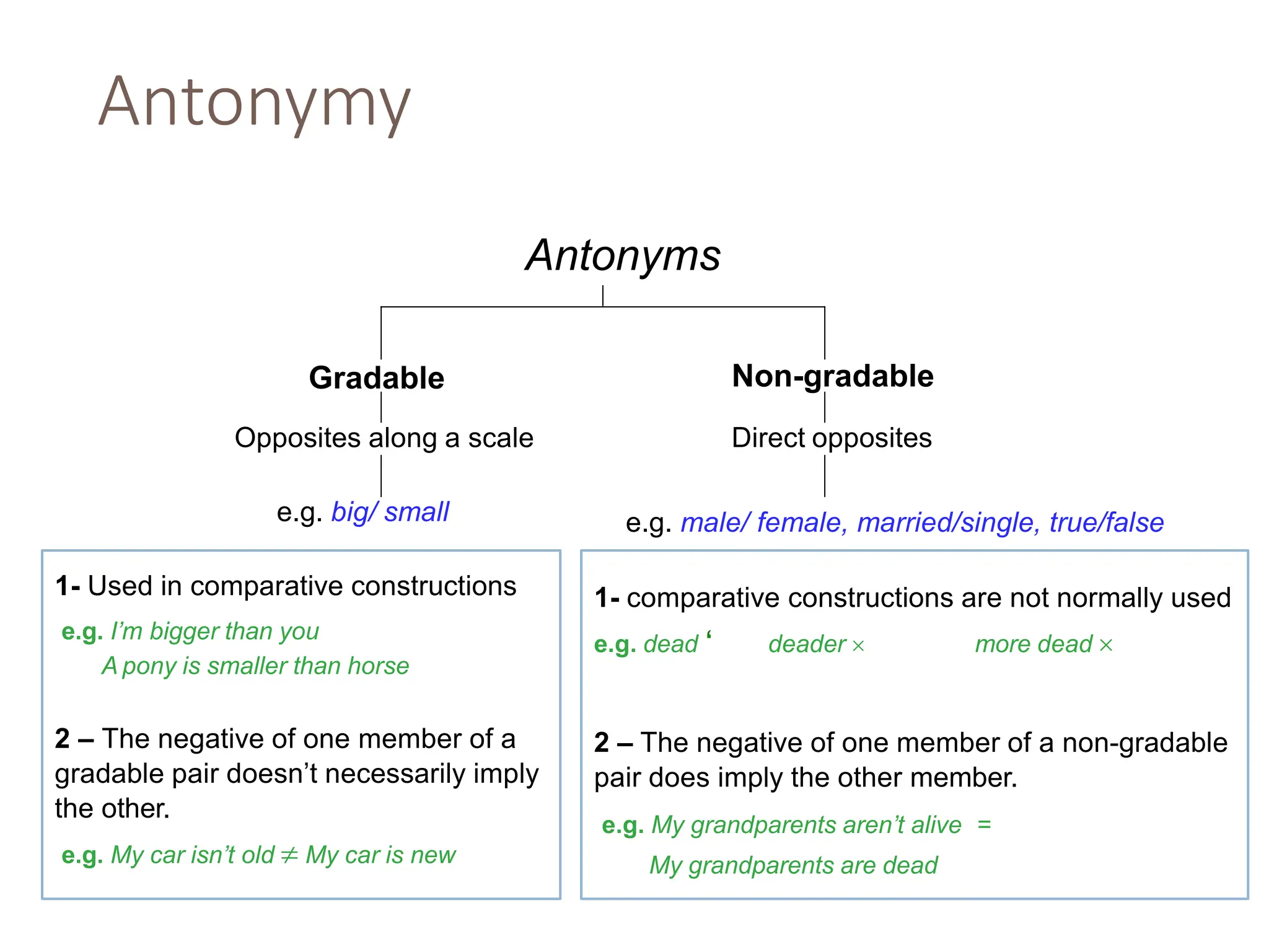 Antonymy
Antonyms
Gradable Non-gradable
Opposites along a scale Direct opposites
e.g. big/ small
1- Used in comparative constructions
e.g. I’m bigger than you
A pony is smaller than horse
2 – The negative of one member of a
gradable pair doesn’t necessarily imply
the other.
e.g. My car isn’t old  My car is new
1- comparative constructions are not normally used
e.g. dead ‘ deader  more dead 
2 – The negative of one member of a non-gradable
pair does imply the other member.
e.g. My grandparents aren’t alive =
My grandparents are dead
e.g. male/ female, married/single, true/false
 