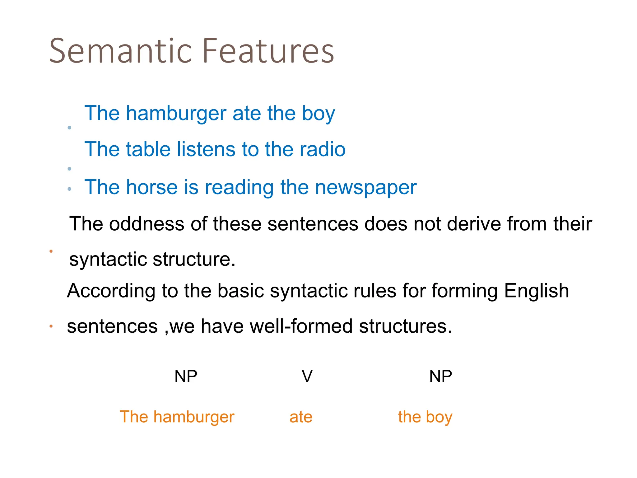 Semantic Features
•
The hamburger ate the boy
•
The table listens to the radio
• The horse is reading the newspaper
The oddness of these sentences does not derive from their
syntactic structure.
•
•
According to the basic syntactic rules for forming English
sentences ,we have well-formed structures.
NP V NP
The hamburger ate the boy
 