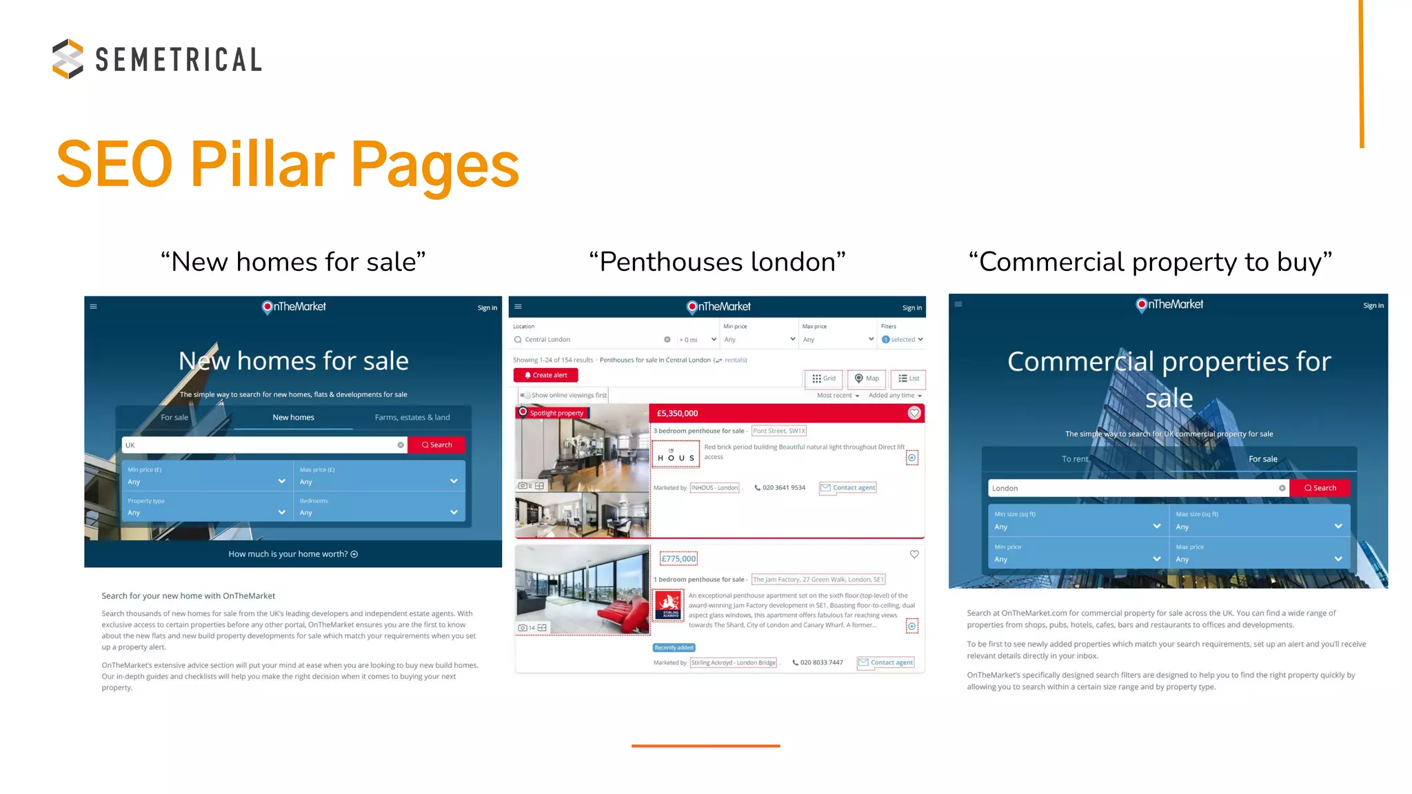SEO Pillar Pages
“New homes for sale” “Penthouses london” “Commercial property to buy”
 
