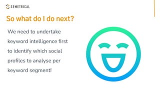So what do I do next?
We need to undertake
keyword intelligence ﬁrst
to identify which social
proﬁles to analyse per
keywo...