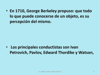 Filosofía la importancia de la experiencia como la base de todo el conocimiento; a partir de las señales que le son emitidas por los sentidos, construye las ideas con las que define su alrededor    El ser humano capta su realidad a través de los sentidos y a partir de su experiencia genera ideas.Los principales empiristas John Locke, David Hume, Francis Bacon. Lic. Beatriz Eugenia Alfaro Monroy4