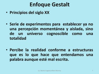Enfoque conductistaEl interés en las acciones humanas- deseo controlar las acciones del hombre –Defiende el empleo de procedimientos experimentales para estudiar el comportamiento observable (la conducta), considerando el entorno como un conjunto de estímulos−respuesta     Inferir, dados los estímulos, cuál será la reacción o estímulo que se ha provocado. Lic. Beatriz Eugenia Alfaro Monroy5