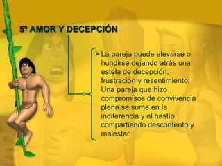 5º AMOR Y DECEPCIÓN La pareja puede elevarse o hundirse dejando atrás una estela de decepción, frustración y resentimiento. Una pareja que hizo compromisos de convivencia plena se sume en la indiferencia y el hastío compartiendo descontento y malestar 