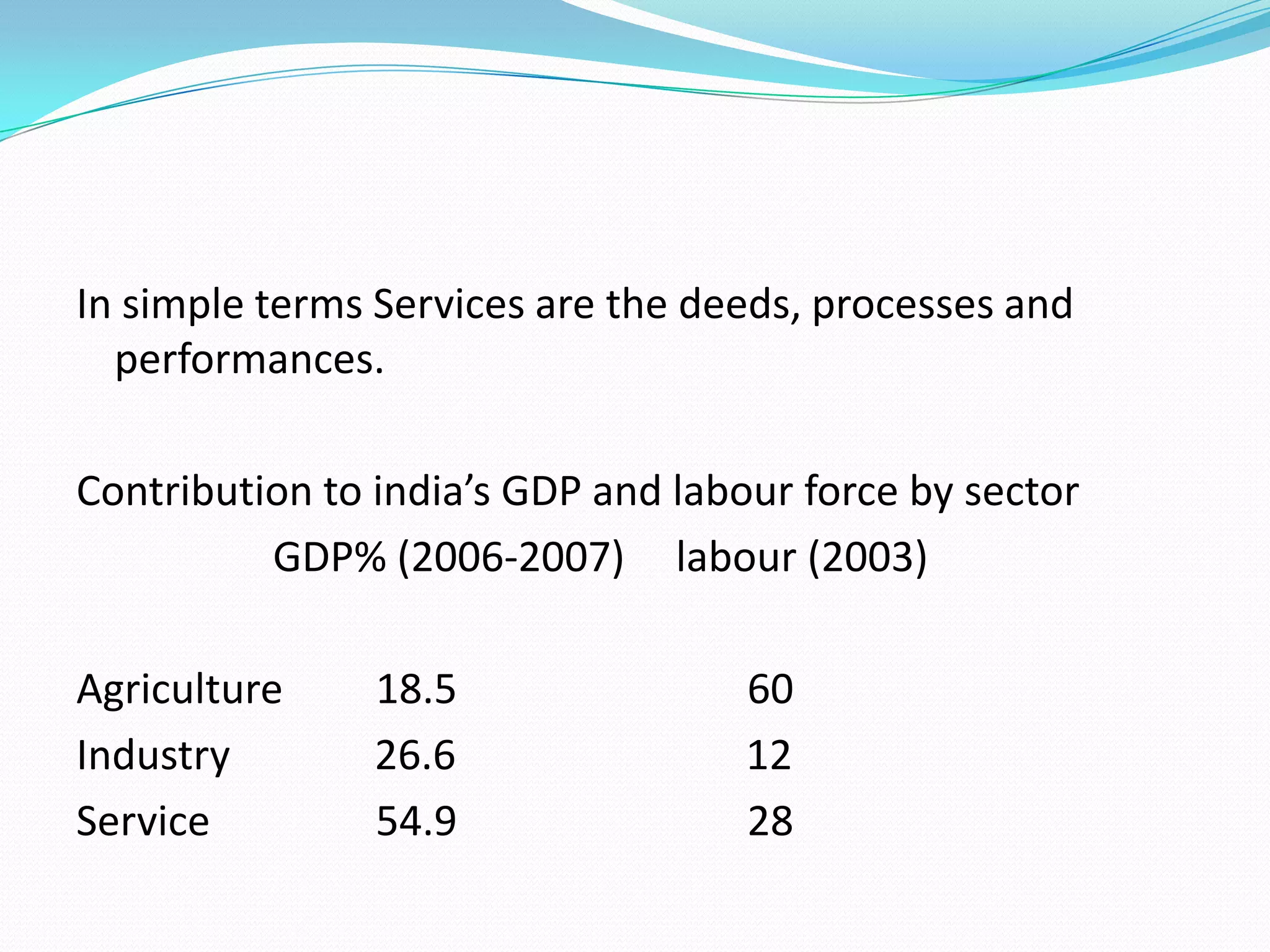In simple terms Services are the deeds, processes and
  performances.

Contribution to india’s GDP and labour force by sector
          GDP% (2006-2007) labour (2003)

Agriculture     18.5                60
Industry        26.6                12
Service         54.9                28
 