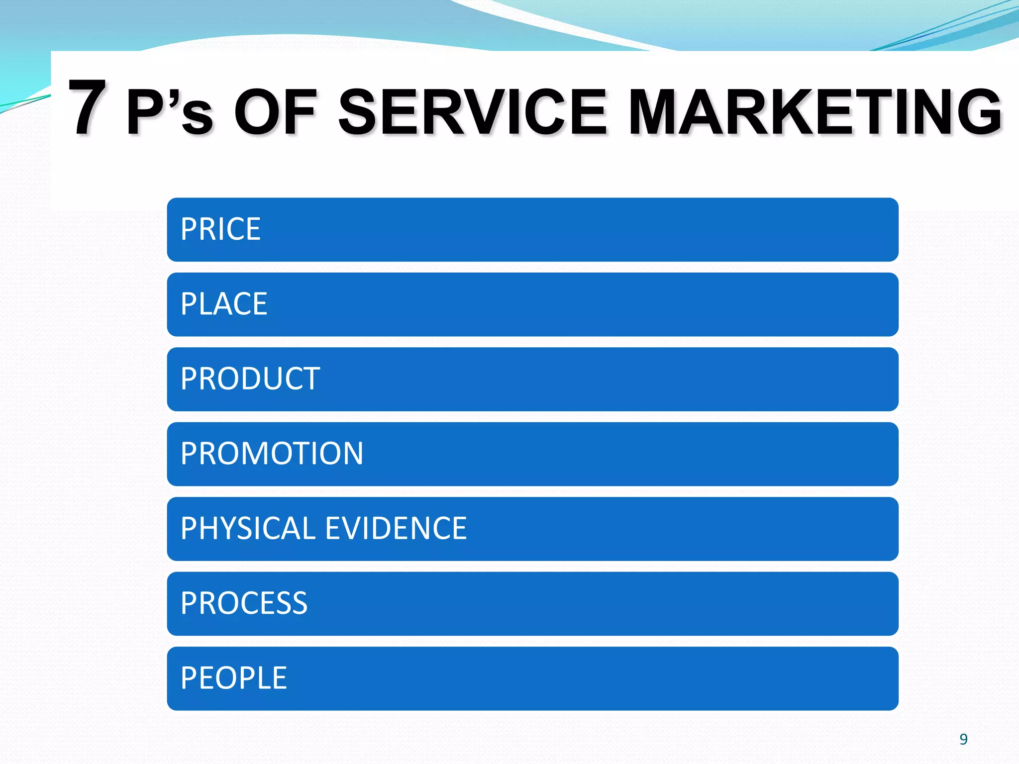 7 P’s OF SERVICE MARKETING
   PRICE

   PLACE

   PRODUCT

   PROMOTION

   PHYSICAL EVIDENCE

   PROCESS

   PEOPLE
                        9
 