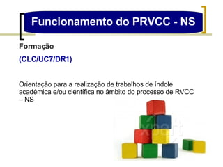 Funcionamento do PRVCC - NS Formação (CLC/UC7/DR1) Orientação para a realização de trabalhos de índole académica e/ou científica no âmbito do processo de RVCC – NS  