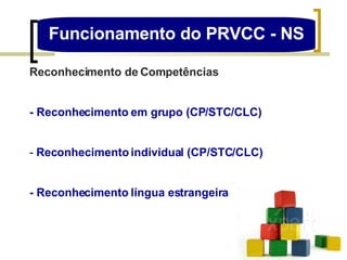 Funcionamento do PRVCC - NS Reconhecimento de Competências - Reconhecimento em grupo (CP/STC/CLC) Reconhecimento individual (CP/STC/CLC) - Reconhecimento língua estrangeira 