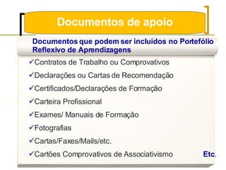 Documentos de apoio Documentos que podem ser incluídos no Portefólio Reflexivo de Aprendizagens Contratos de Trabalho ou Comprovativos Declarações ou Cartas de Recomendação Certificados/Declarações de Formação Carteira Profissional Exames/ Manuais de Formação Fotografias Cartas/Faxes/Mails/etc.  Cartões Comprovativos de Associativismo   Etc . 