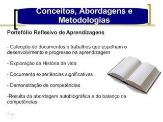 Conceitos, Abordagens e Metodologias Portefólio Reflexivo de Aprendizagens - Colecção de documentos e trabalhos que espelham o desenvolvimento e progresso na aprendizagem - Exploração da História de vida - Documenta experiências significativas - Demonstração de competências Resulta da abordagem autobiográfica e do balanço de competências … 