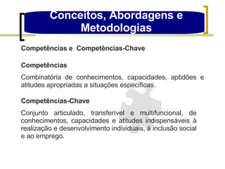 Conceitos, Abordagens e Metodologias Competências Combinatória de conhecimentos, capacidades, aptidões e atitudes apropriadas a situações específicas. Competências-Chave Conjunto articulado, transferível e multifuncional, de conhecimentos, capacidades e atitudes indispensáveis à realização e desenvolvimento individuais, à inclusão social e ao emprego. Competências e  Competências-Chave 