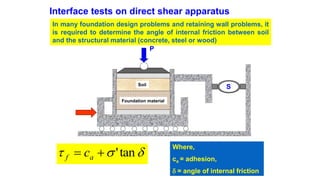 Interface tests on direct shear apparatus
In many foundation design problems and retaining wall problems, it
is required to determine the angle of internal friction between soil
and the structural material (concrete, steel or wood)
 tan'+= af c
Where,
ca = adhesion,
 = angle of internal friction
Foundation material
Soil
P
S
Foundation material
Soil
P
S
 
