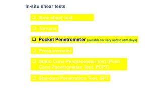 In-situ shear tests
❑ Vane shear test
❑ Torvane
❑ Pocket Penetrometer (suitable for very soft to stiff clays)
❑ Pressuremeter
❑ Static Cone Penetrometer test (Push
Cone Penetrometer Test, PCPT)
❑ Standard Penetration Test, SPT
 
