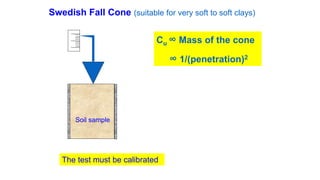 Swedish Fall Cone (suitable for very soft to soft clays)
The test must be calibrated
Soil sample
Cu ∞ Mass of the cone
∞ 1/(penetration)2
 