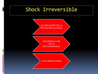 Shock Irreversible
SEVERO DAÑO DE LA
MICROCIRCULACIÒN.
DESARROLLO DE
FALLA
MULTIORGÀNICA.
ALTA MORTALIDAD
 
