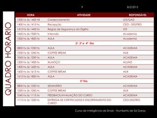 9                                     8/2/2013


                         HORA                              ATIVIDADE                                 RESPONSÁVEL
                 1330 hs às 1400 HS   Credenciamento                                          GTI/GAD
QUADRO HORARIO
                 1400 hs às 1415 hs   Recepção                                                CEO - DÍGITRO
                 1415 hs às 1445 hs   Regras de Segurança da Dígitro                          GTI
                 1445 hs às 1500 hs   Intervalo                                               Academia
                 1500 hs às 1800 hs   AULA                                                    Academia
                                                          2º, 3º e 4º Dia
                 0800 hs às 1030 hs   AULA                                                    ACADEMIA
                 1030 hs às 1045 hs   COFFEE BREAK                                            AUX
                 1045 hs às 1200 hs   AULA                                                    ACADEMIA
                 1200 hs às 1400 hs   ALMOÇO                                                  ALUNO
                 1400 hs às 1600 hs   AULA                                                    ACADEMIA
                 1600 hs às 1615 hs   COFFEE BREAK                                            AUX
                 1615 hs às 1800 hs   AULA                                                    ACADEMIA
                                                             5º Dia
                 0800 hs às 1030 hs   SEMINÁRIO                                               ACADEMIA
                 1030 hs às 1045 hs   COFFEE BREAK                                            AUX
                 1045 hs às 1115 hs   FEEDBACK/AVALIAÇÃO DO CURSO                             ACADEMIA
                 1115 hs às 1200 hs   ENTREGA DE CERTIFICADOS E ENCERRAMENTO DO               CEO DIGITRO
                                      CURSO

                                                          Curso de Inteligência de Sinais - Humberto de Sá Garay
 