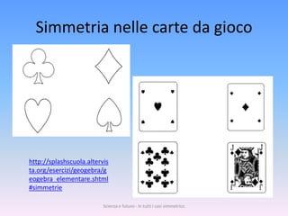 Simmetria nelle carte da gioco




http://splashscuola.altervis
ta.org/esercizi/geogebra/g
eogebra_elementare.shtml
#simmetrie

                          Scienza e futuro - In tutti i casi simmetrico
 