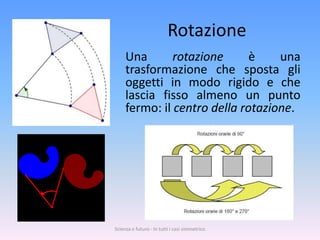 Rotazione
     Una       rotazione      è    una
     trasformazione che sposta gli
     oggetti in modo rigido e che
     lascia fisso almeno un punto
     fermo: il centro della rotazione.




Scienza e futuro - In tutti i casi simmetrico
 