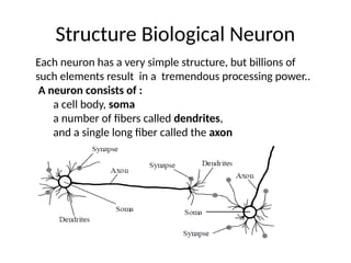 Structure Biological Neuron
Each neuron has a very simple structure, but billions of
such elements result in a tremendous processing power..
A neuron consists of :
a cell body, soma
a number of fibers called dendrites,
and a single long fiber called the axon
 