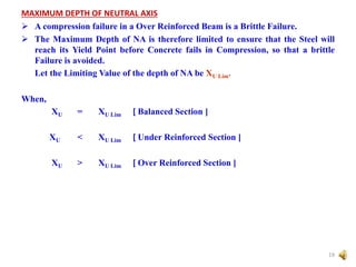 MAXIMUM DEPTH OF NEUTRAL AXIS
 A compression failure in a Over Reinforced Beam is a Brittle Failure.
 The Maximum Depth of NA is therefore limited to ensure that the Steel will
reach its Yield Point before Concrete fails in Compression, so that a brittle
Failure is avoided.
Let the Limiting Value of the depth of NA be XU Lim.
When,
XU = XU Lim [ Balanced Section ]
XU < XU Lim [ Under Reinforced Section ]
XU > XU Lim [ Over Reinforced Section ]
19
 