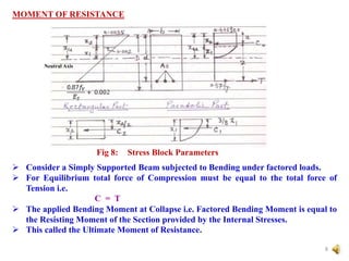 MOMENT OF RESISTANCE
Neutral Axis
Fig 8: Stress Block Parameters
 Consider a Simply Supported Beam subjected to Bending under factored loads.
 For Equilibrium total force of Compression must be equal to the total force of
Tension i.e.
C = T
 The applied Bending Moment at Collapse i.e. Factored Bending Moment is equal to
the Resisting Moment of the Section provided by the Internal Stresses.
 This called the Ultimate Moment of Resistance.
8
 