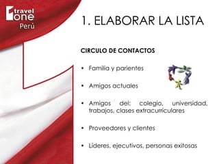 1. ELABORAR LA LISTA CIRCULO DE CONTACTOS Familia y parientes  Amigos actuales Amigos del: colegio, universidad, trabajos, clases extracurriculares Proveedores y clientes Líderes, ejecutivos, personas exitosas 