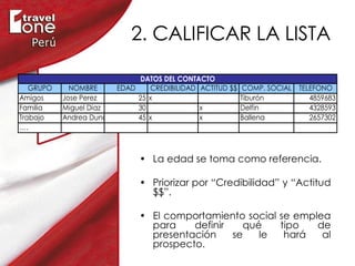 2. CALIFICAR LA LISTA La edad se toma como referencia. Priorizar por “Credibilidad” y “Actitud $$”. El comportamiento social se emplea para definir qué tipo de presentación se le hará al prospecto. 