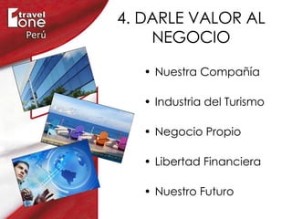 4. DARLE VALOR AL NEGOCIO Nuestra Compañía Industria del Turismo Negocio Propio Libertad Financiera Nuestro Futuro 