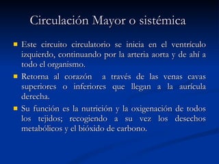 Circulación Mayor o sistémica   Este circuito circulatorio se inicia en el ventrículo izquierdo, continuando por la arteria aorta y de ahí a todo el organismo. Retorna al corazón  a través de las venas cavas superiores o inferiores que llegan a la aurícula derecha. Su función es la nutrición y la oxigenación de todos los tejidos; recogiendo a su vez los desechos metabólicos y el bióxido de carbono. 