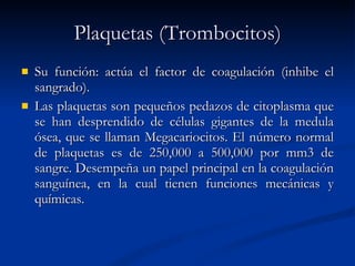 Plaquetas (Trombocitos) Su función: actúa el factor de coagulación (inhibe el sangrado). Las plaquetas son peque ños pedazos de citoplasma que se han desprendido de células gigantes de la medula ósea, que se llaman Megacariocitos. El número normal de plaquetas es de 250,000 a 500,000 por  mm3 de sangre. Desempeña un papel principal en la coagulación sanguínea, en la cual tienen funciones mecánicas y químicas. 