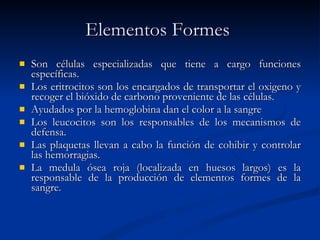 Elementos Formes   Son células especializadas que tiene a cargo funciones específicas. Los eritrocitos son los encargados de transportar el oxigeno y recoger el bióxido de carbono proveniente de las células. Ayudados por la hemoglobina dan el color a la sangre Los leucocitos son los responsables de los mecanismos de defensa. Las plaquetas llevan a cabo la función de cohibir y controlar las hemorragias. La medula ósea roja (localizada en huesos largos) es la responsable de la producción de elementos formes de la sangre. 